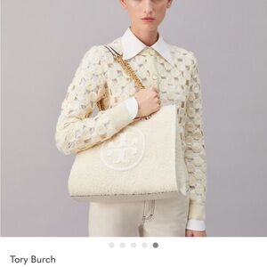Tory Burch Ivory Bouclé Tote with Gold Chain